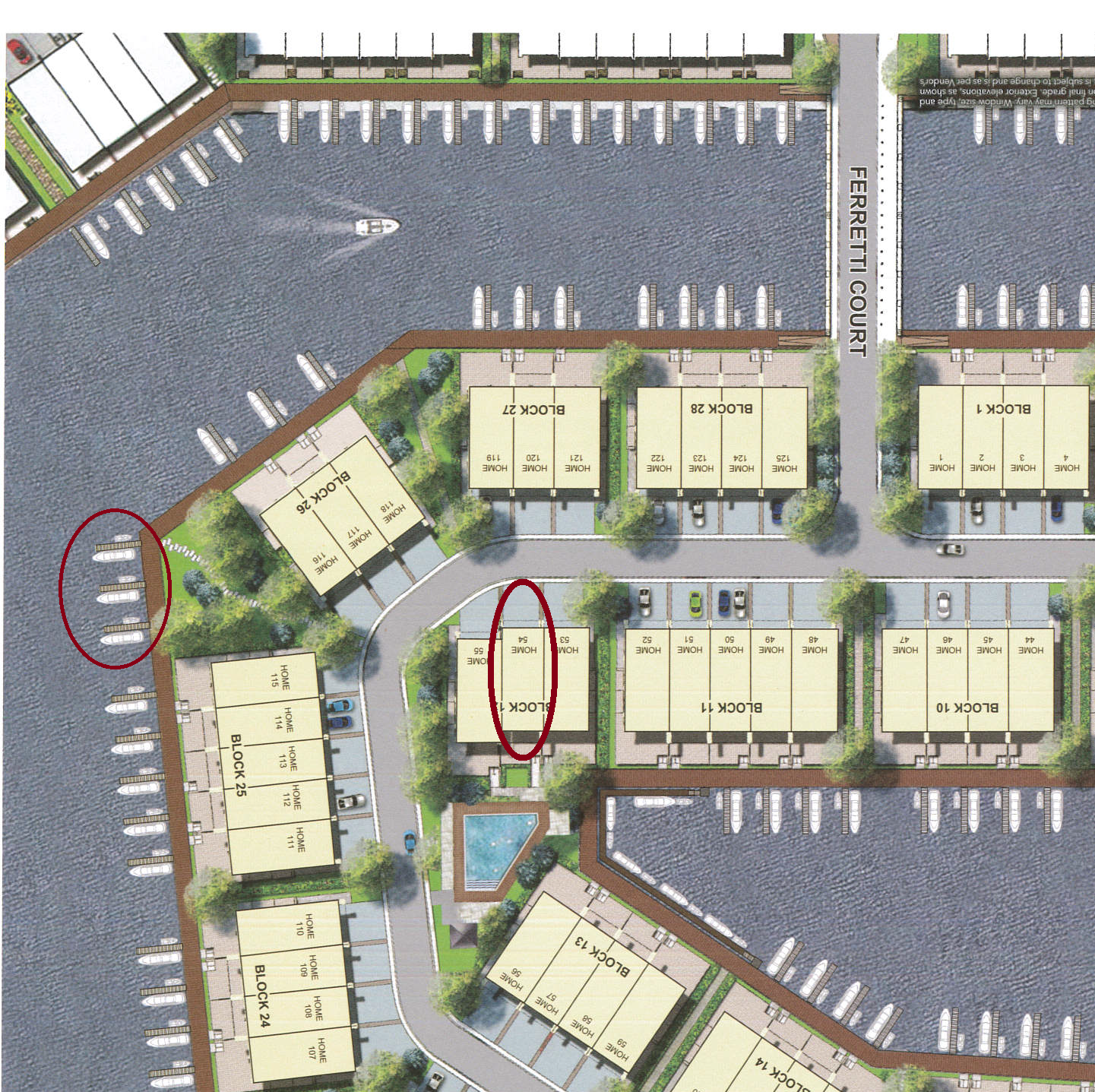 Location of Ferretti Lot 53 + docks